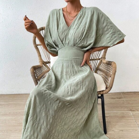 Mint Green Casual Women's Solid Batwing Sleeve A-line Dress - Picture 2 of 5